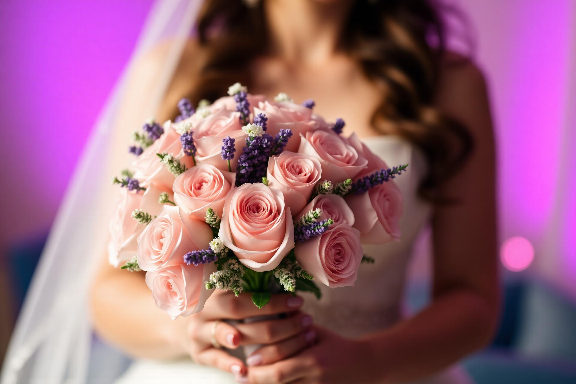 A bride holding a soft bouquet of pink roses and lavender