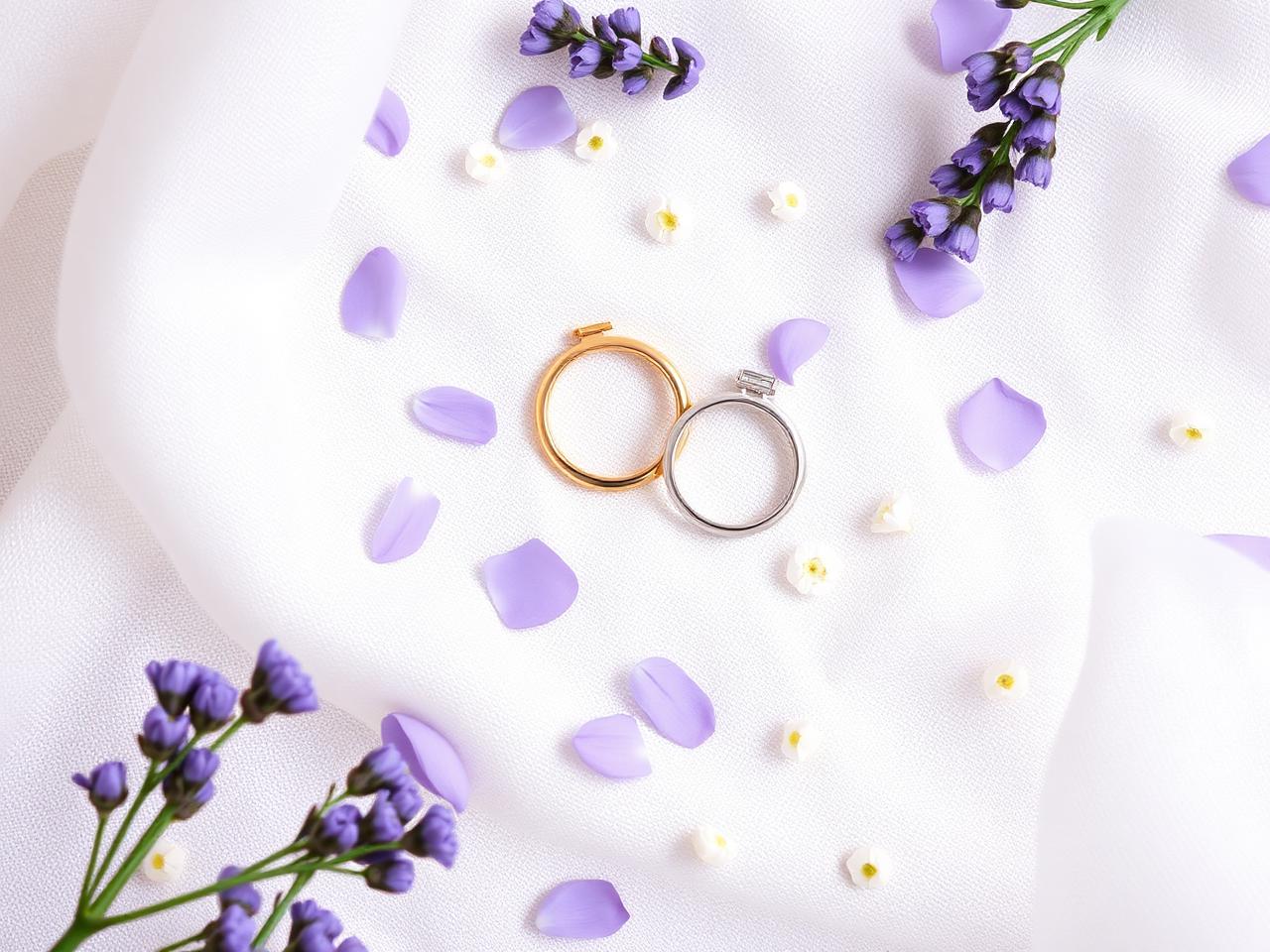Two wedding rings resting on white linen with lavender petals